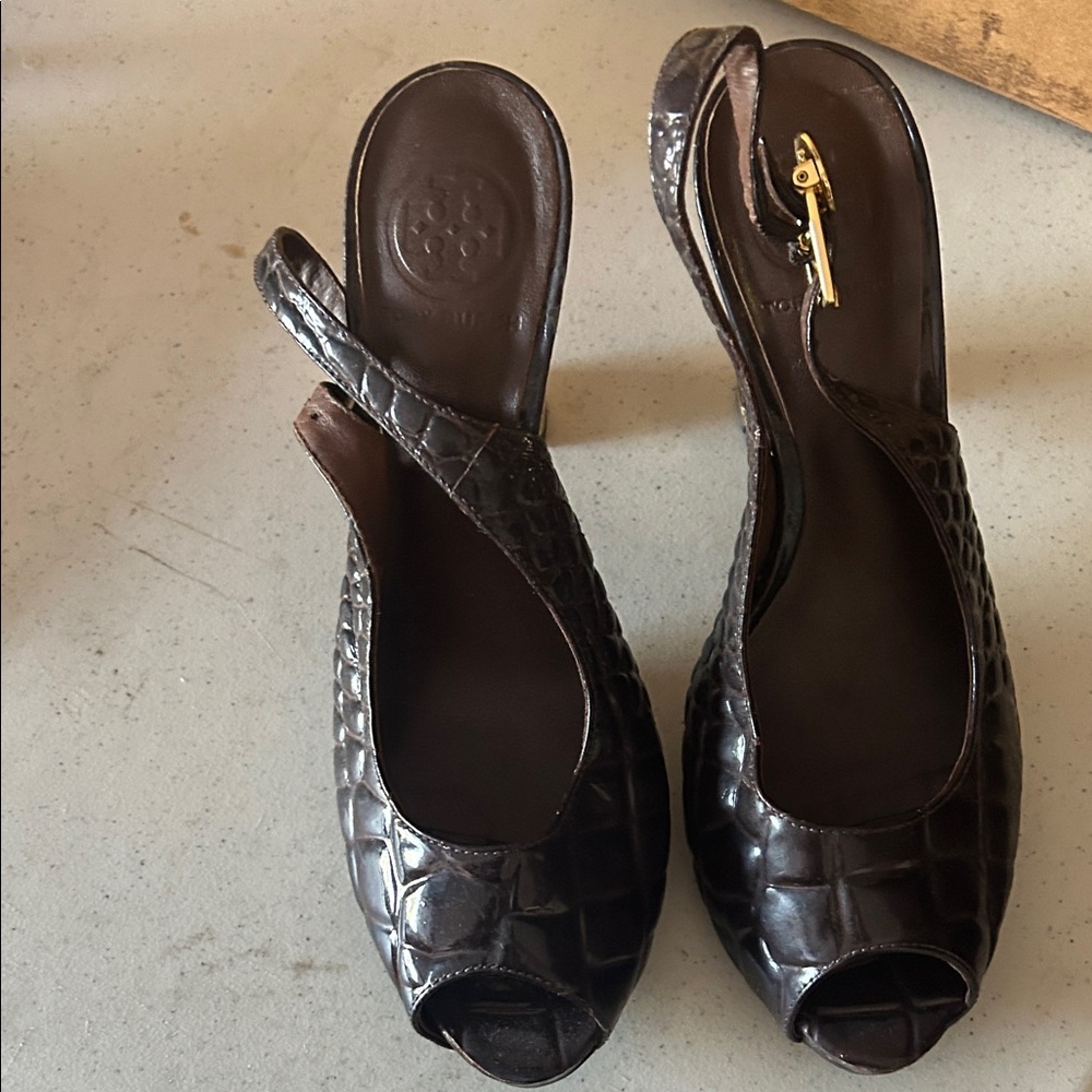 Tory Burch Dark Brown Croc-Embossed Slingback Heels